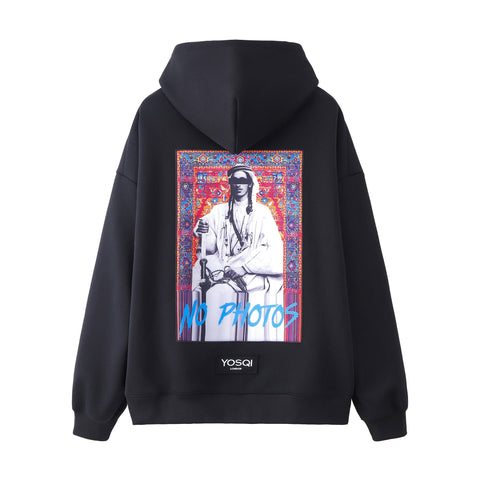 YOSQI "NO PHOTO" Patch Oversized Black Hoodie