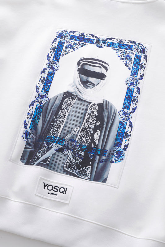 214-YOSQI "Arabian Portrait " Patch Oversized White Hoodie