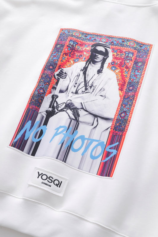 223-YOSQI "No Photo" Colorful Patch Oversized White Hoodie